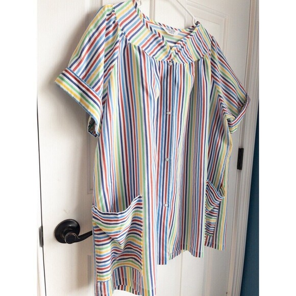 Vintage Rainbow Striped House Coat Duster Bath Robe Smock - Picture 1 of 8
